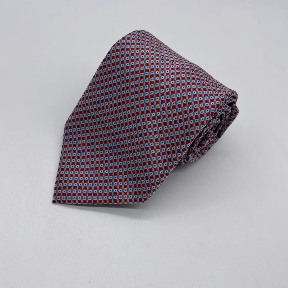 Giorgio Brutini Polyester Tie Gray Blue‎ And Red Geometric Hand Made  Tie